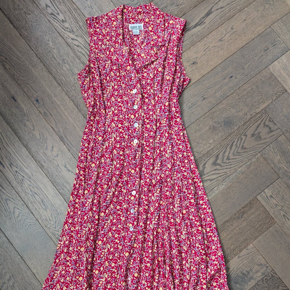 Vintage 90s Robbie Bee Floral Button Front Maxi Dress Red Rayon Sz 12 (Fits like